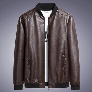 Men Casual PU Leather Jacket Stand Collar Bomber Jacket With Ribbed Cuffs Slim Fit Artificial Leather Coat Windproof Autumn Outwear