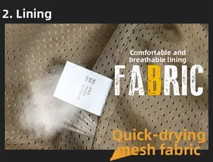 Detail of breathable quick-drying mesh lining and fabric label on brown jacket