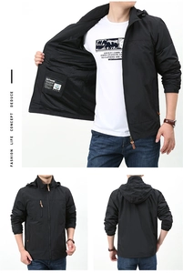 Detail of men's black windbreaker with breathable mesh lining and outdoor functional pocket
