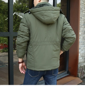 Back view of men's army green hooded jacket with thick fleece lining and ribbed cuffs
