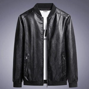 Slim fit black faux leather jacket with stand collar and metallic zipper for men