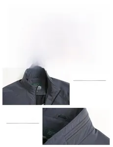 Detailed view of the dark grey stand collar jacket featuring precise decorative stitching