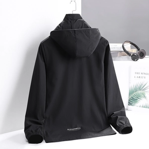 Men's black hooded windbreaker jacket with back logo print and elastic cuffs