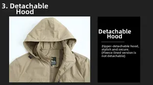 Detail of khaki jacket showing detachable hooded neckline with zipper and mesh lining