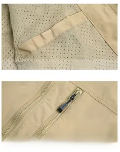 Détail de la poche intérieure en maille respirante et fermeture éclair sur le gilet kaki