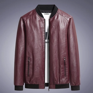 Slim fit burgundy men's leather jacket with a baseball collar and ribbed trim details