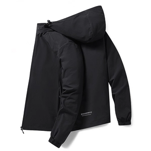 Men's black hooded windbreaker jacket with back print and elastic cuffs on white background
