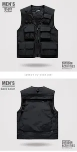 Front and back view of a black multi-pocket outdoor vest with mesh lining for fishing
