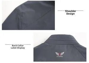 Detailed view of the dark grey jacket shoulder stitching and STYLERAW logo on the back neck