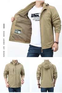 Detail of khaki hooded jacket featuring breathable mesh lining and interior pocket