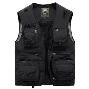 Men's black multi-pocket utility vest with breathable mesh lining for outdoor fishing and photography