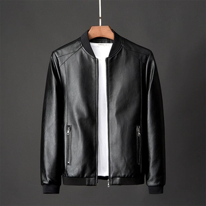 Men's slim fit black PU leather jacket with baseball collar and zip pockets