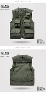 Detail of army green outdoor fishing vest showing multi-pocket design and breathable mesh lining