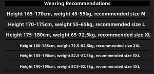 Detailed size guide table for men's outdoor hooded jacket ranging from size M to 4XL