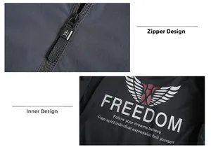 Detail of casual jacket showing metal zipper and eagle graphic on breathable mesh lining