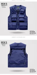Front and back detail of a navy blue multi-pocket outdoor vest with durable fabric texture