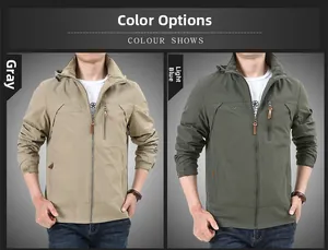 Detail view of khaki and olive outdoor jackets with hooded collars and zip pockets