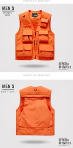 Front and back detail of multi-pocket orange fishing vest with breathable mesh lining