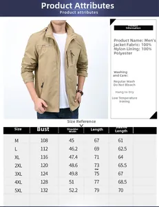 Size chart and fabric details for men's khaki waterproof outdoor jacket windbreaker