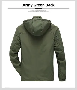 Back view of army green hooded windbreaker jacket for men with premium smooth texture