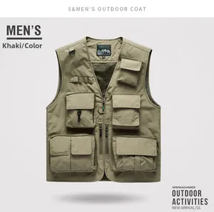 Detail of khaki outdoor fishing vest showing multi-pockets and mesh lining for breathability