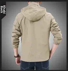Back view of a khaki hooded outdoor sports jacket for men with elasticated cuffs