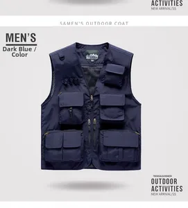 Detail of dark blue outdoor fishing vest with multiple cargo pockets and mesh lining