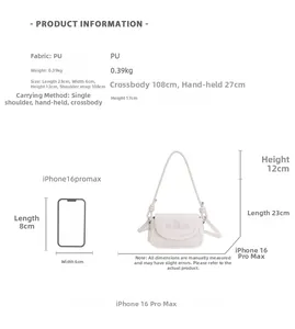 Detailed size chart for beige plaid PU bag comparing dimensions with a smartphone