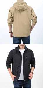 Front and back view of a men's waterproof hooded windbreaker jacket in black and khaki
