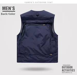 Detail view of the breathable mesh back and D-ring on this navy outdoor fishing vest