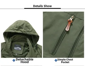 Detail of army green outdoor jacket featuring a detachable hood and zip chest pocket