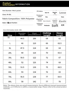 Tabella taglie per giacca casual da uomo con misure da M a 8XL in centimetri