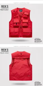 Detail view of red multi-pocket outdoor tactical vest with D-ring and mesh lining