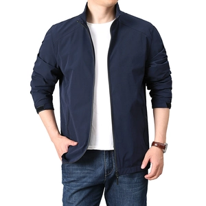 Men's navy blue windbreaker jacket with stand collar and adjustable velcro cuffs