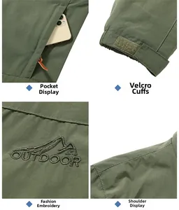 Detail views of military green outdoor jacket with zipper pockets and velcro cuffs