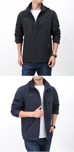 Detail of waterproof outdoor hooded jacket showing chest zipper pockets and color options