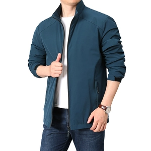 Men's loose fit stand collar casual jacket in dark teal windproof fabric with zipper