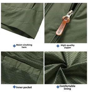 Detail of military green outdoor jacket featuring mesh lining and quality leather zipper pull