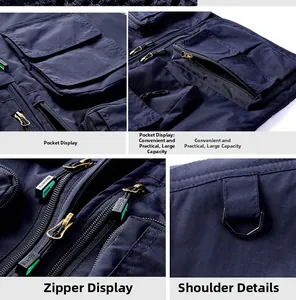 Detailed view of multi-pocket fishing vest featuring durable zippers and D-ring attachments