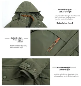 Detail of army green winter jacket featuring a detachable hood and ribbed windproof cuffs
