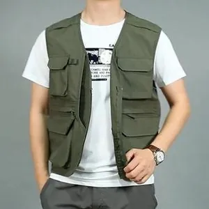 Close-up of military green utility vest featuring multiple functional cargo pockets