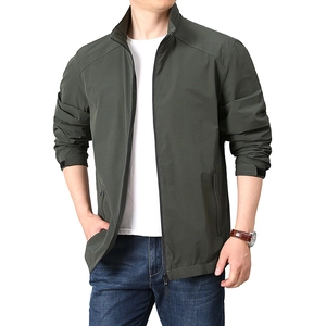 Men's casual loose fit stand collar jacket in olive green with functional zipper pockets