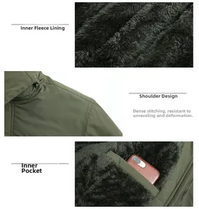 Detail of green winter jacket featuring thick fleece lining and hidden inner pocket