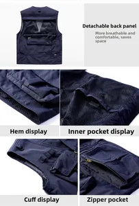 Detail view of outdoor vest showing multi-pocket design and breathable back mesh fabric