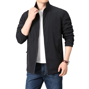 Men's casual loose fit stand collar jacket in black windproof fabric with zipper pockets