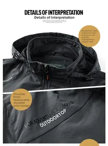 Vue détaillée de la veste d'extérieur gris foncé avec col coupe-vent et logo