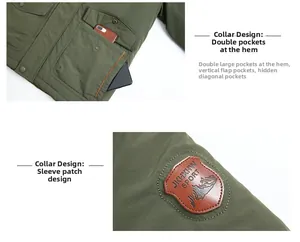 Detail of military green outdoor jacket featuring reinforced pockets and leather sleeve badge