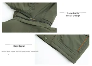 Detail of detachable hood zipper and durable hem design on men outdoor jacket