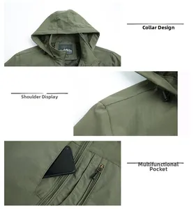 Detail views of army green outdoor jacket showing drawstring hood and zipper pockets