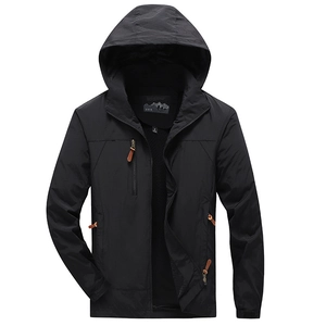 Men's black windproof outdoor hooded jacket with functional pockets and smooth finish